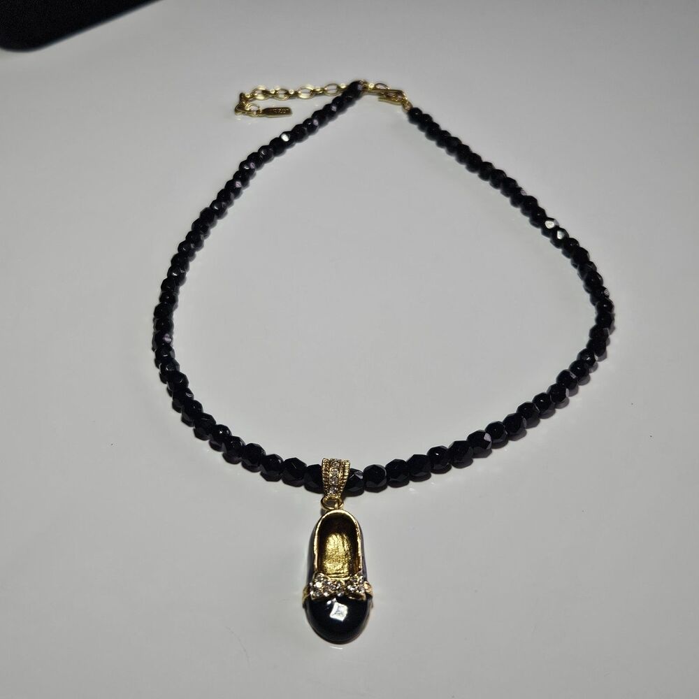 *Sale* 1928 Faceted Black Bead Necklace Gold Tone Shoe Pendant 16.5-19.5" - Picture 8 of 14
